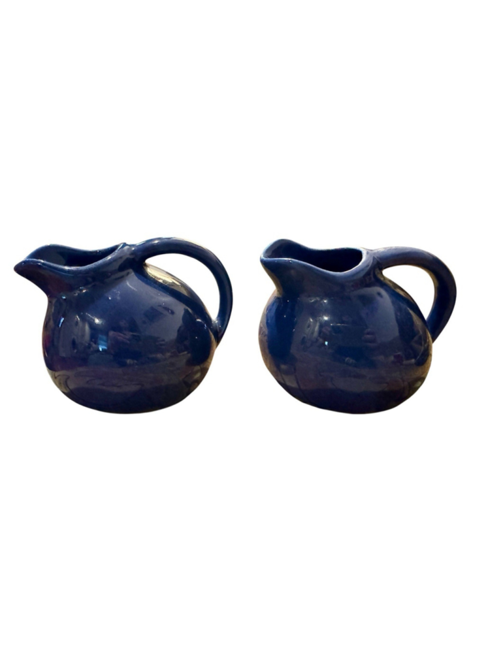 Vintage Cobalt Blue Stoneware Creamers Pair Mini Pitchers USA MCM MINT - Picture 3 of 5